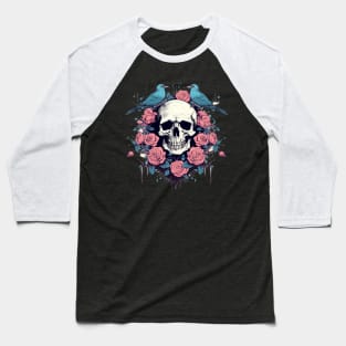 Skull with Roses and Birds Baseball T-Shirt